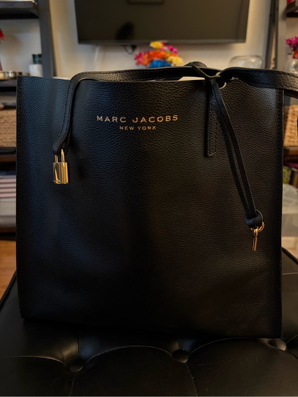 Marc Jacobs Black Pebbled Leather Tote with Gold Accents